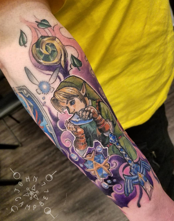 Full Color Zelda Ocarina of Time sleeve tattoo by John Campbell at Sacred Mandala Studio tattoo parlor in Durham, NC.